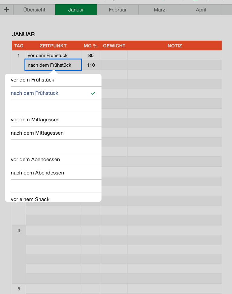 Numbers Vorlage Blutzuckerwerte Dropdown iPad