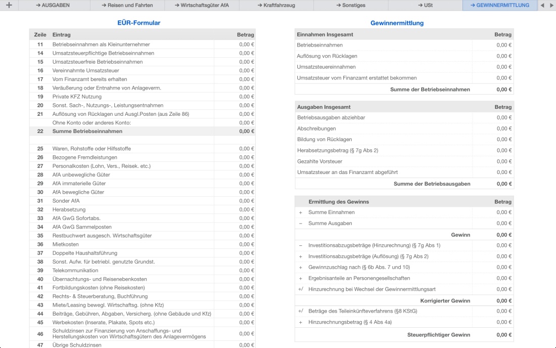 Numbers Vorlage EÜR Formular