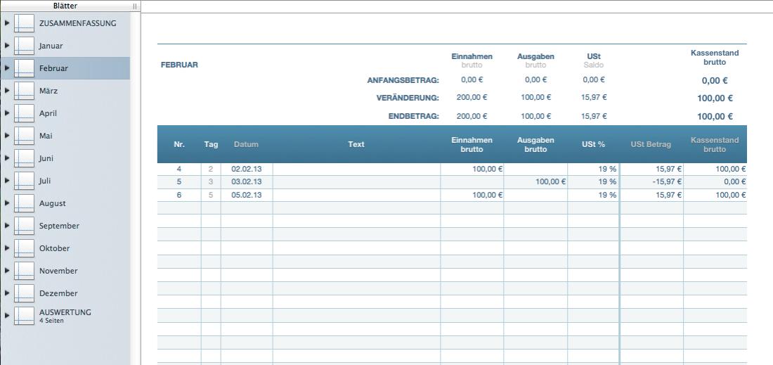 Numbers Vorlage Kassenbuch Hauptansicht