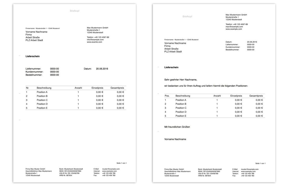 Pages Lieferschein Vorlage Layout