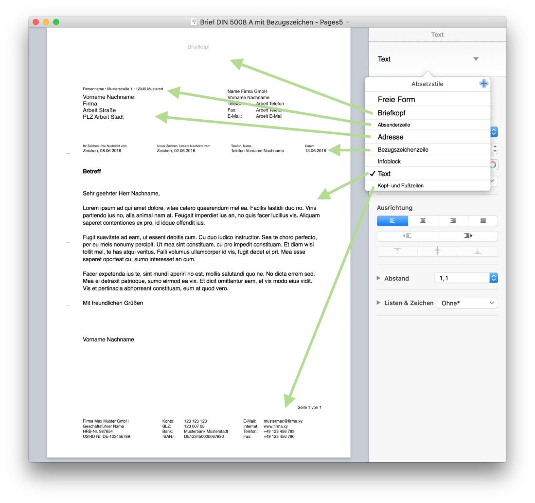 Pages Vorlage Briefvorlage nach DIN 5008 Text Stile