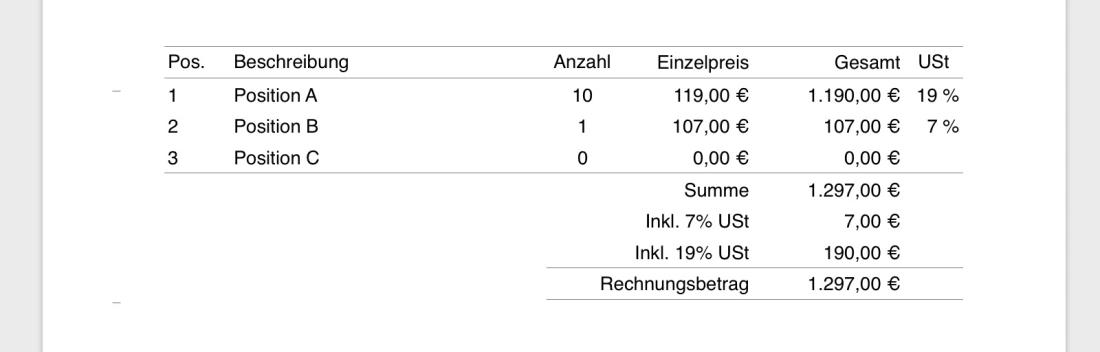 Pages Vorlage Rechnung zwei Umsatzsteuer Mehrwertsteuer Sätze