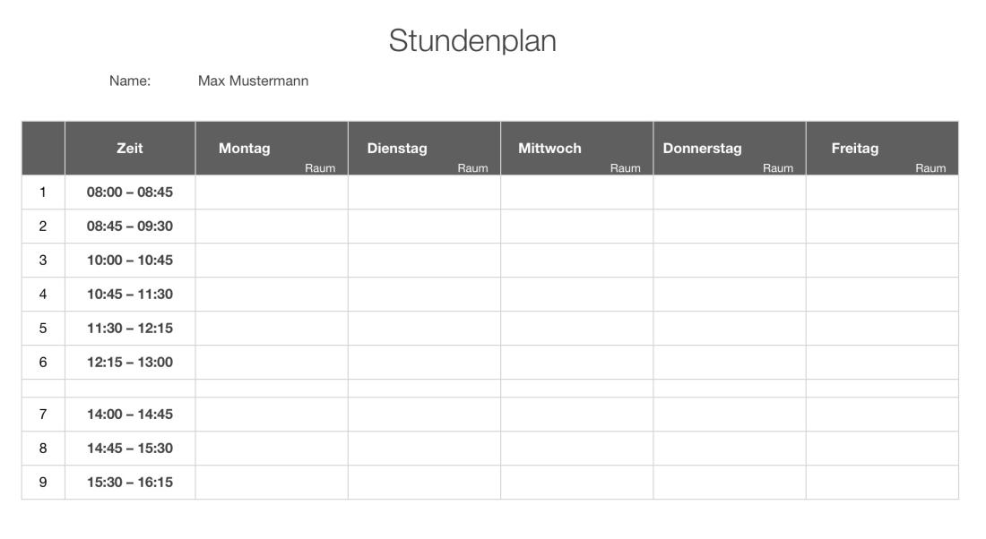 Vorlage Stundenplan schwarzweiss
