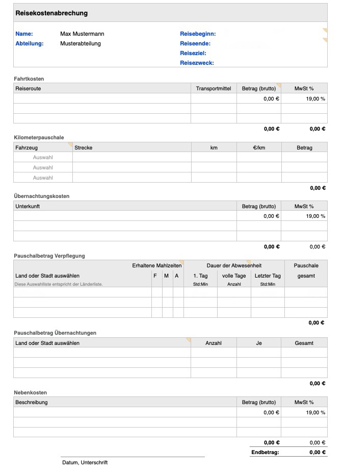 Numbers Vorlage Reisekostenabrechnung 2025 Formular