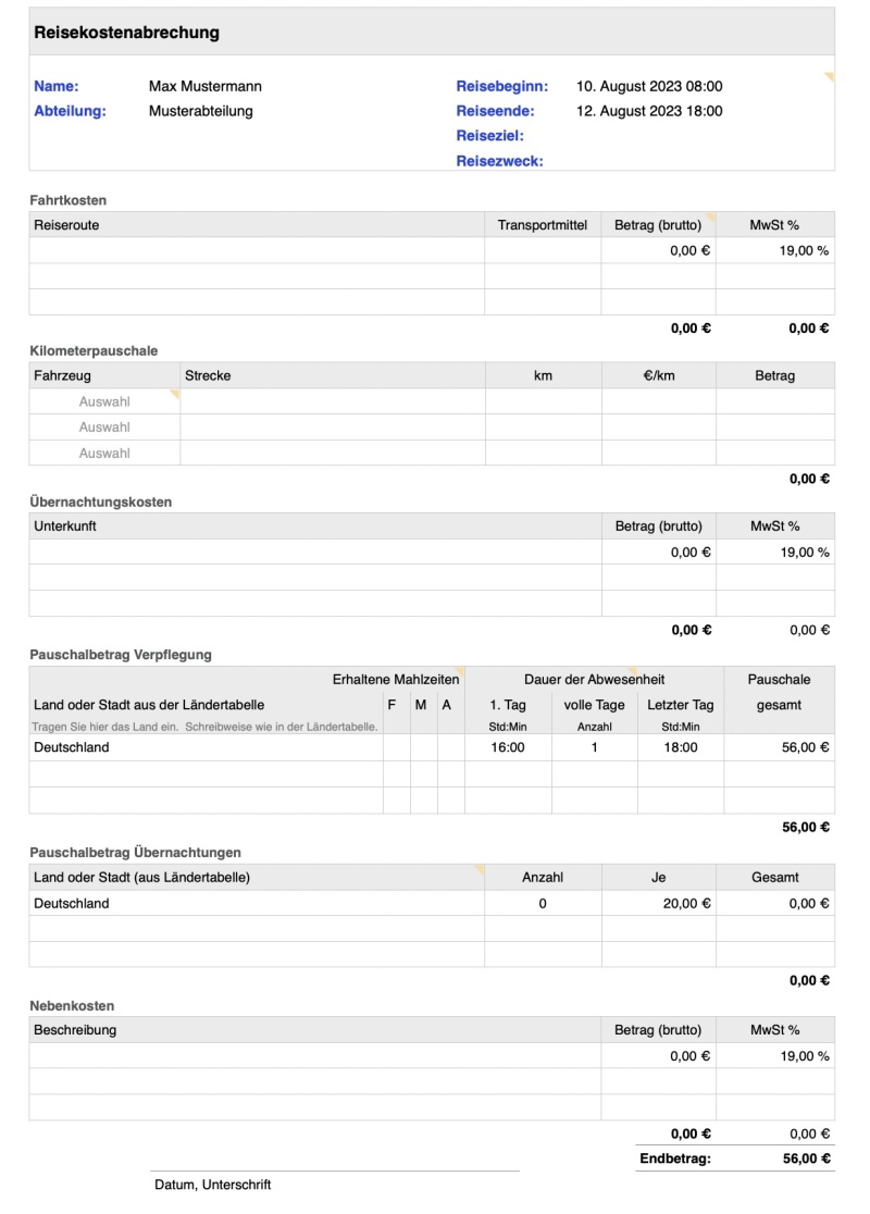 Numbers Vorlage Reisekostenabrechnung Formular