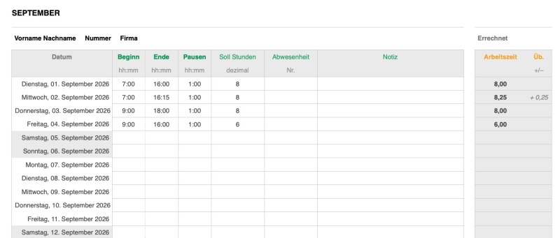 Numbers Vorlage Zeiterfassung Schuljahr 2026