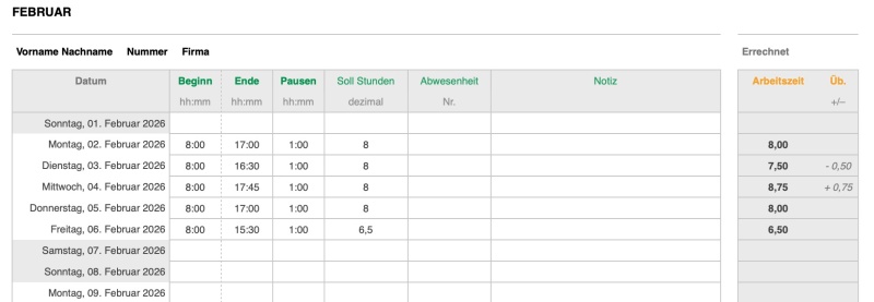 Numbers Vorlage Zeiterfassung 2026