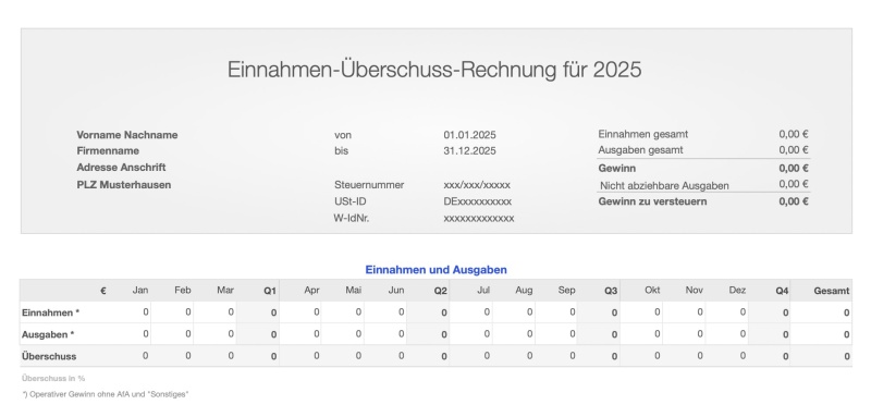 Einnahmen-Überschuss-Rechnung 2025 ohne USt