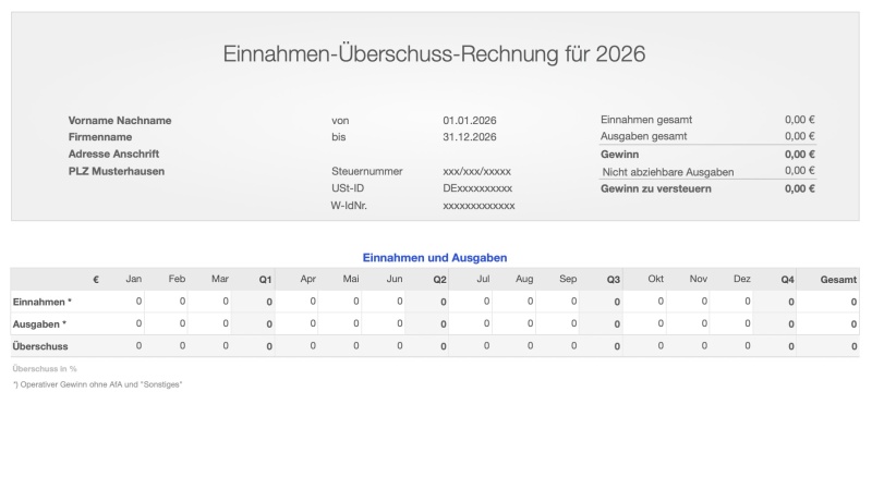 Einnahmen-Überschuss-Rechnung 2026 ohne USt