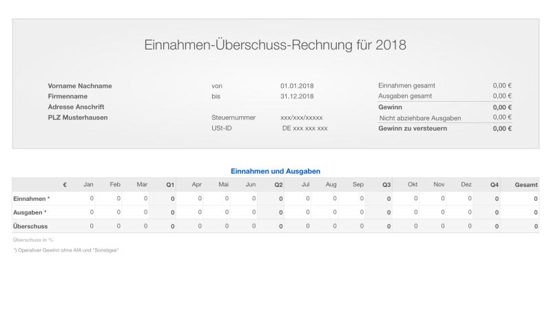 Einnahmen-Überschuss-Rechnung2018 ohne USt für Mac und iPad 