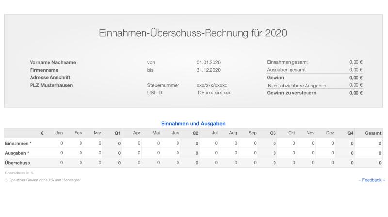 Einnahmen-Überschuss-Rechnung 2020 ohne USt für Mac und iPad 