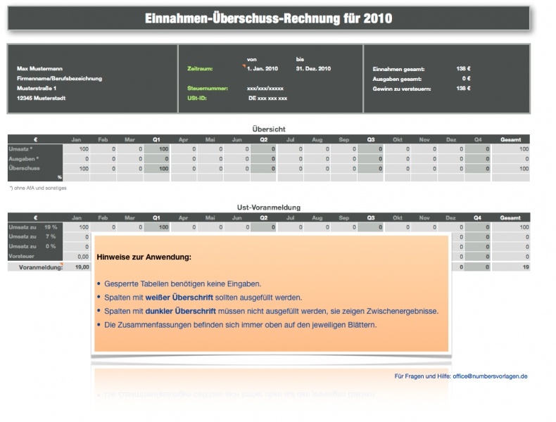 Einnahmen-Überschuss-Rechnung 2010 mit USt für Mac