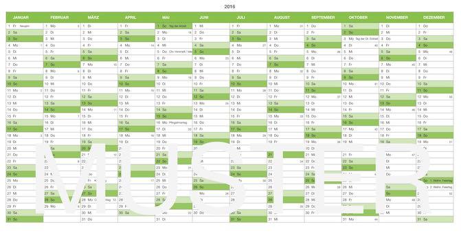 Numbers Vorlage Kalender 2016 für Mac