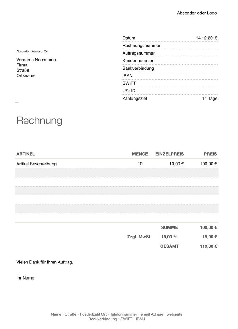 Numbers Vorlage Rechnungsvorlage