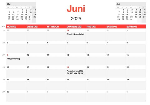 Numbers Vorlage Kalender 2025